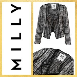 Milly Piped Cardigan Swing Jacket Black & White Woven Tweed Women's 6